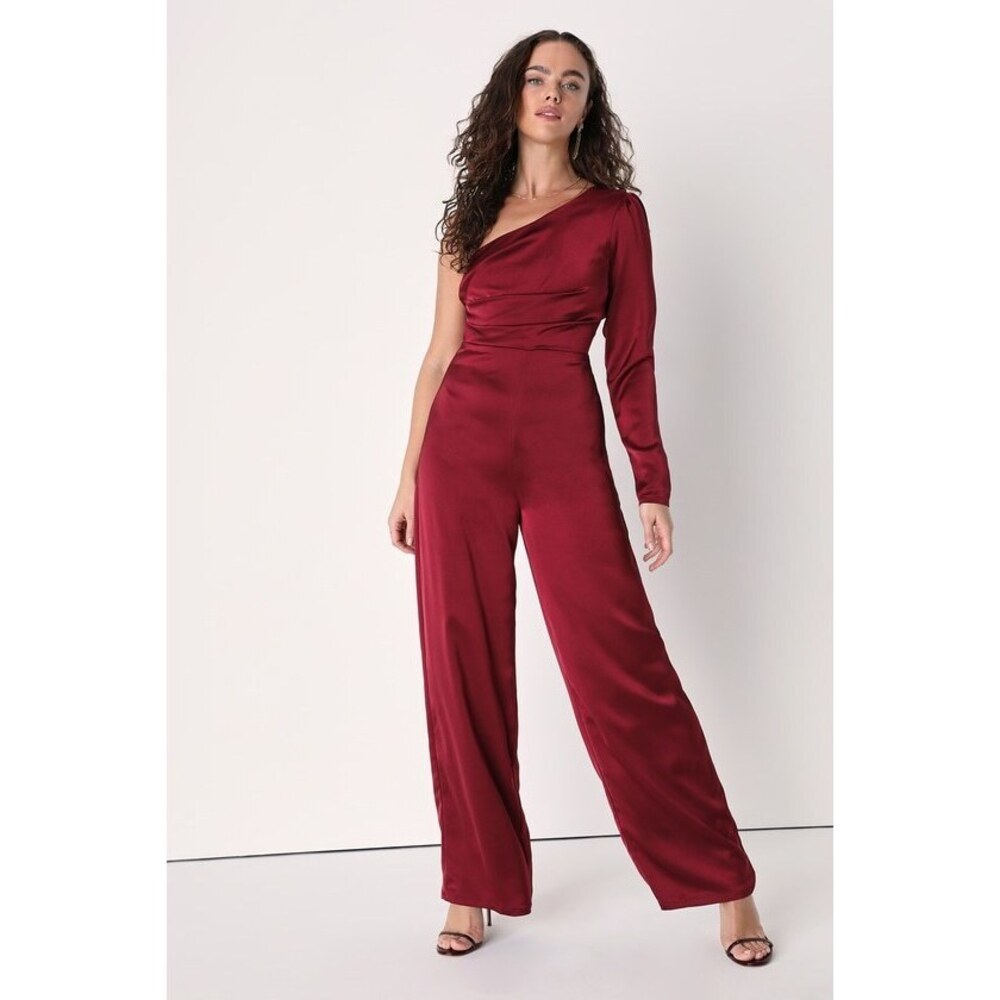 Lulus Passionate About Perfection Wine Red Satin One-shoulder Jumpsuit - Size XS